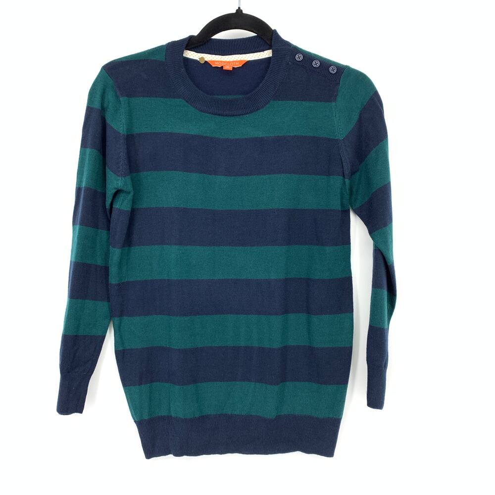 Modcloth Pullover Crew Neck Sweater Womens Sz M Striped Navy Green Button Detail